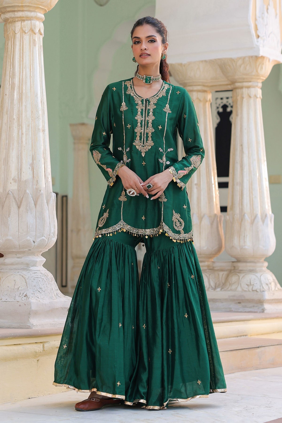 PAKEEZAH SHARARA JODA ORGANZA DUPATTA DARK GREEN