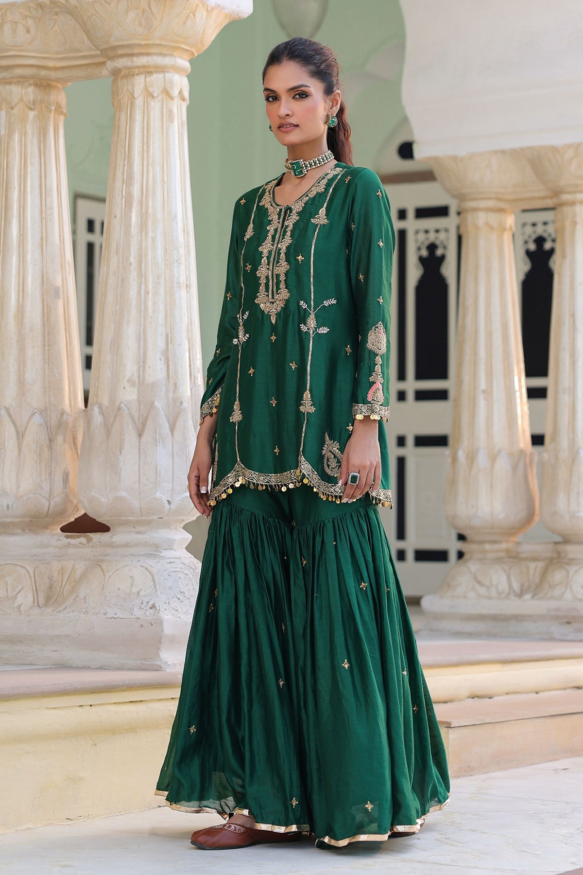 PAKEEZAH SHARARA JODA ORGANZA DUPATTA DARK GREEN