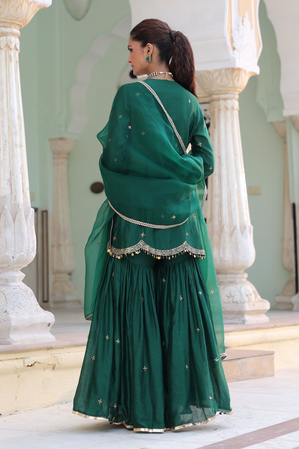 PAKEEZAH SHARARA JODA ORGANZA DUPATTA DARK GREEN