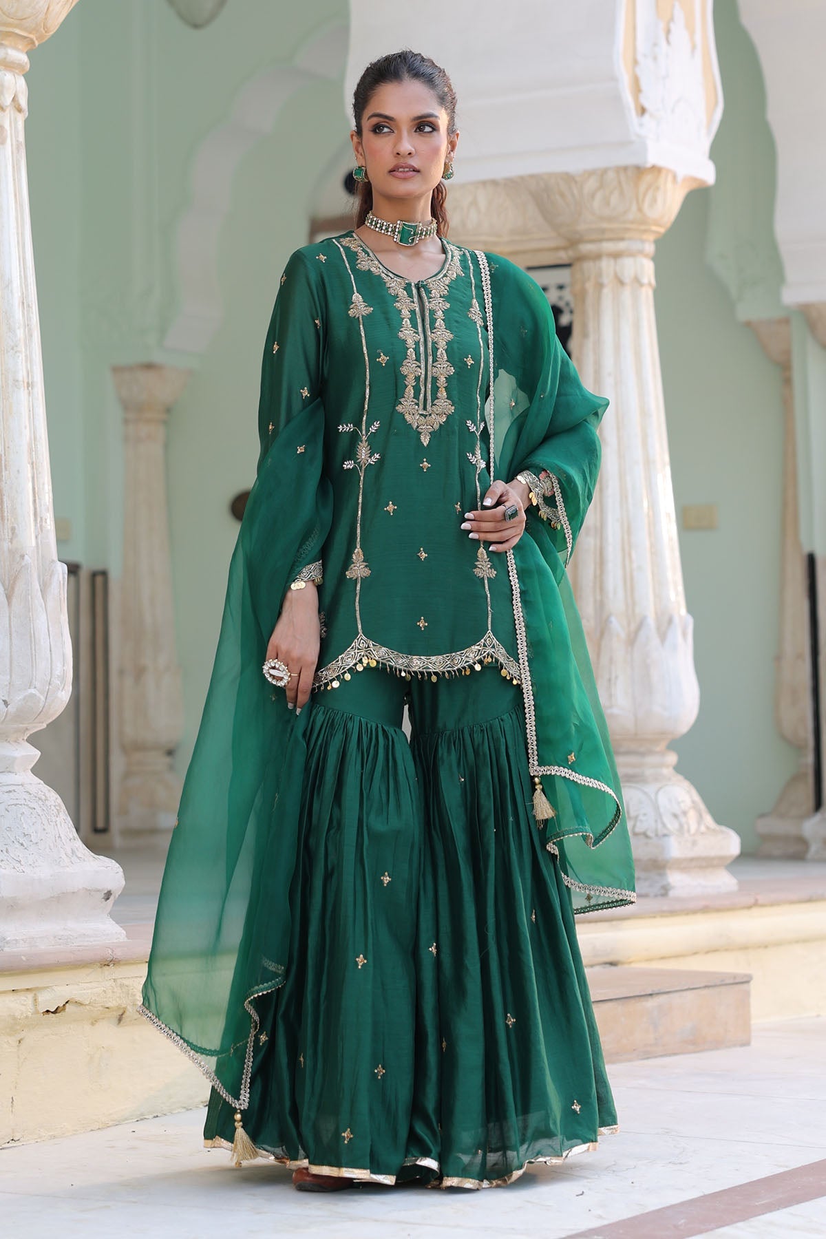 PAKEEZAH SHARARA JODA ORGANZA DUPATTA DARK GREEN