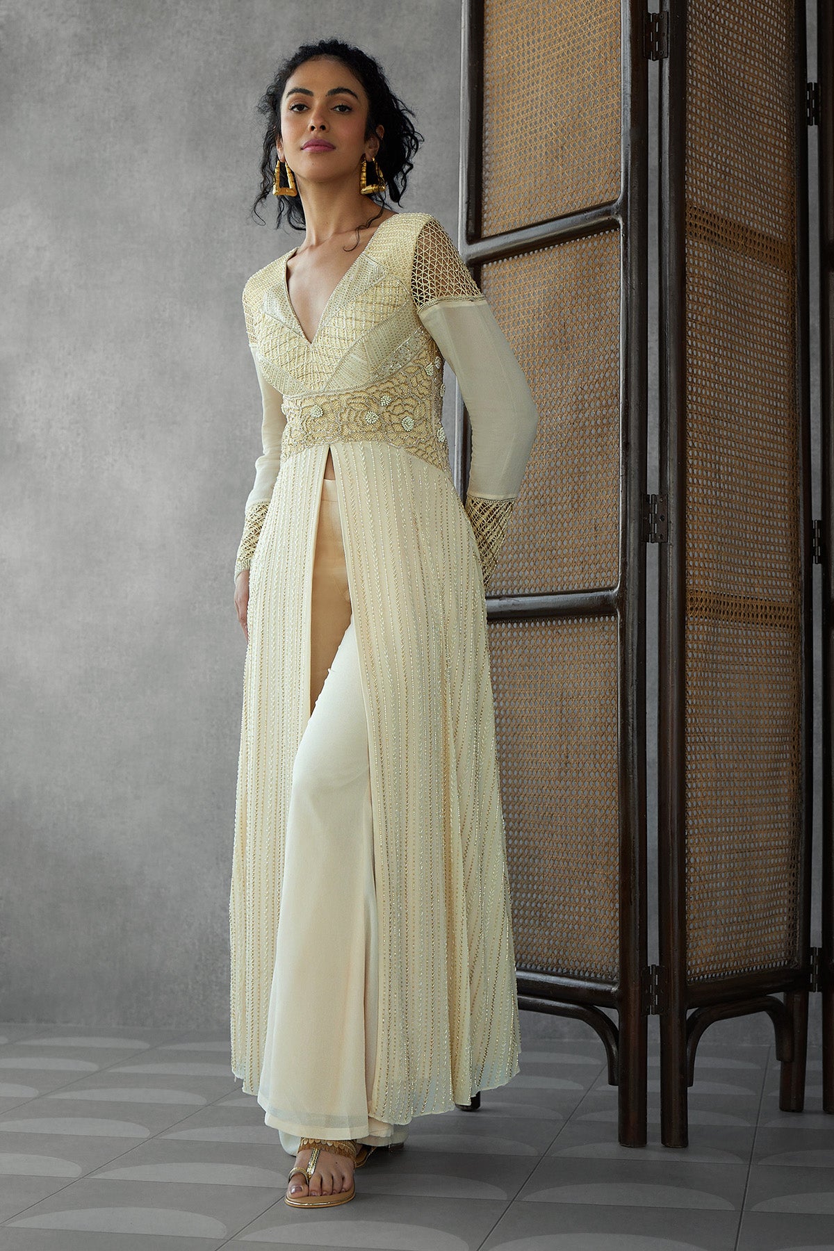 Long Embroidered Jacket Style Kurta With Pants