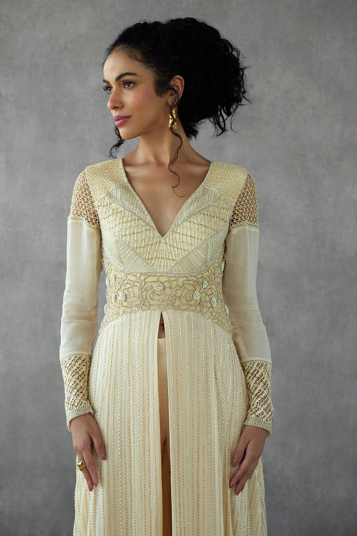 Long Embroidered Jacket Style Kurta With Pants