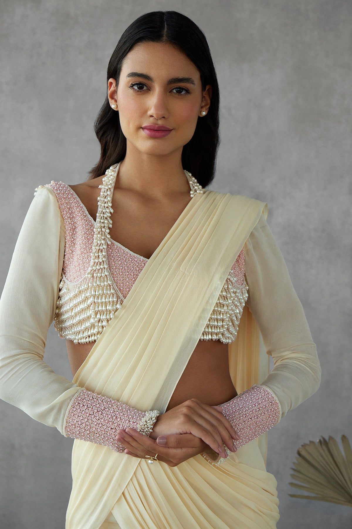 Cream Drape Saree Paired With Two Layer Thread Work & Dangling Pearl Embroidered Blouse