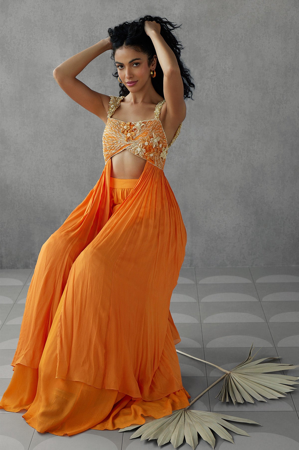 Saffron Orange 3D Floral Kurta With Sharara Pants
