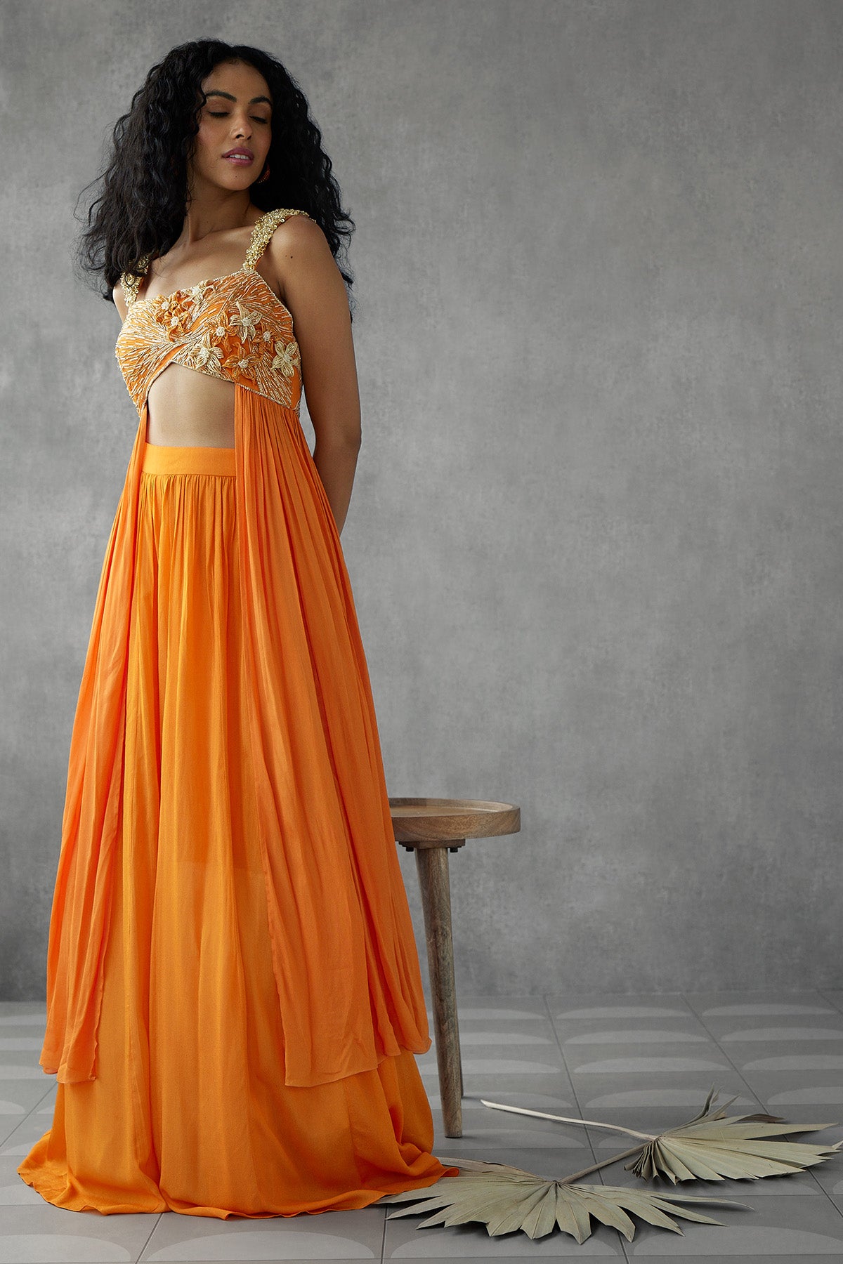 Saffron Orange 3D Floral Kurta With Sharara Pants