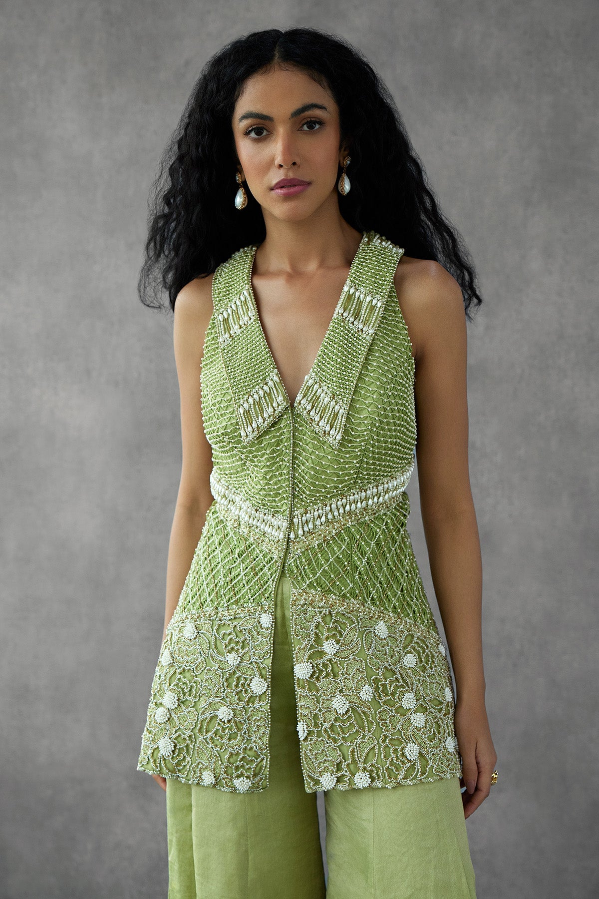 Sage Green Embroidered Jacket Set With Lapel Paired With Tissue Pants