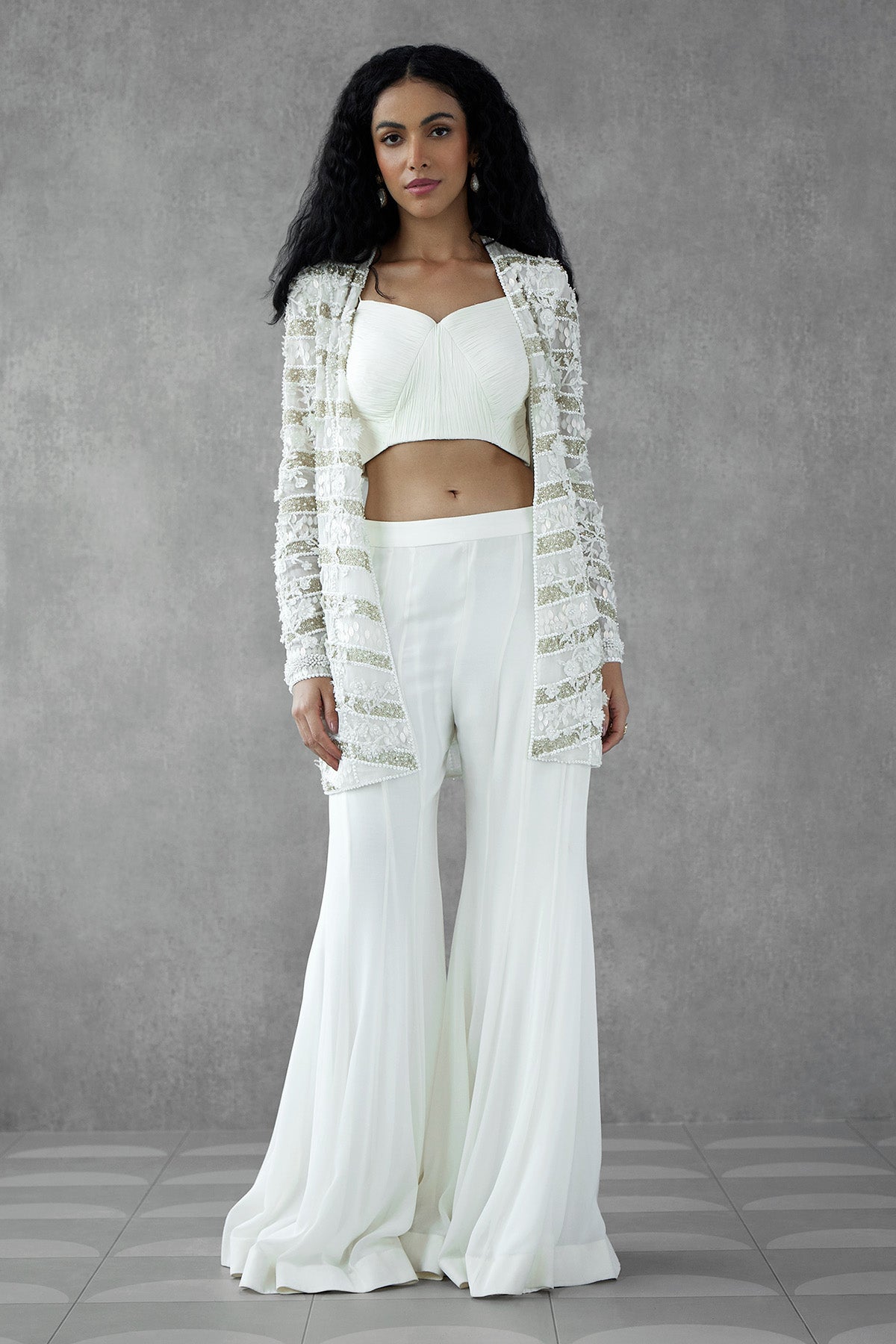 Ivory Embroidered Jacket With Pleated Bustier & Pants