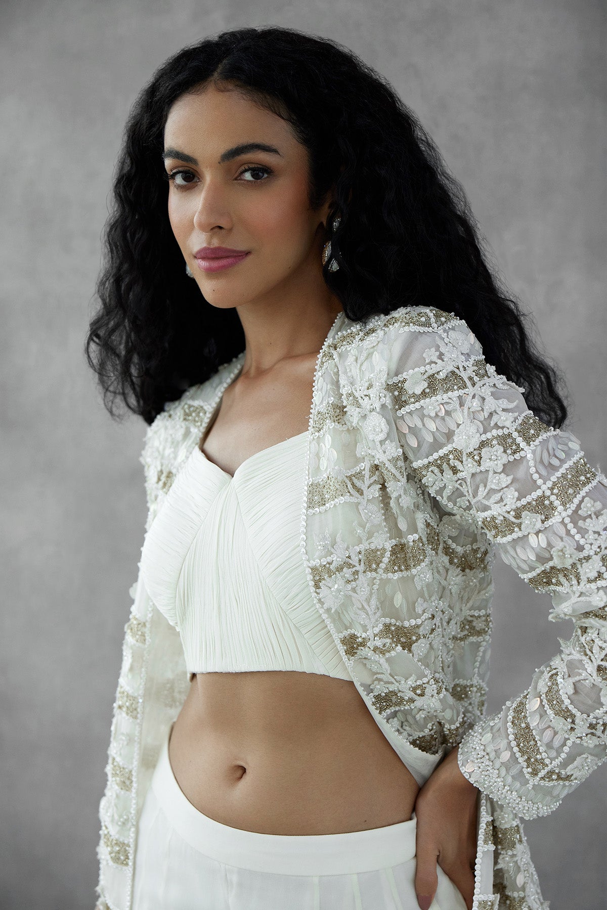 Ivory Embroidered Jacket With Pleated Bustier & Pants