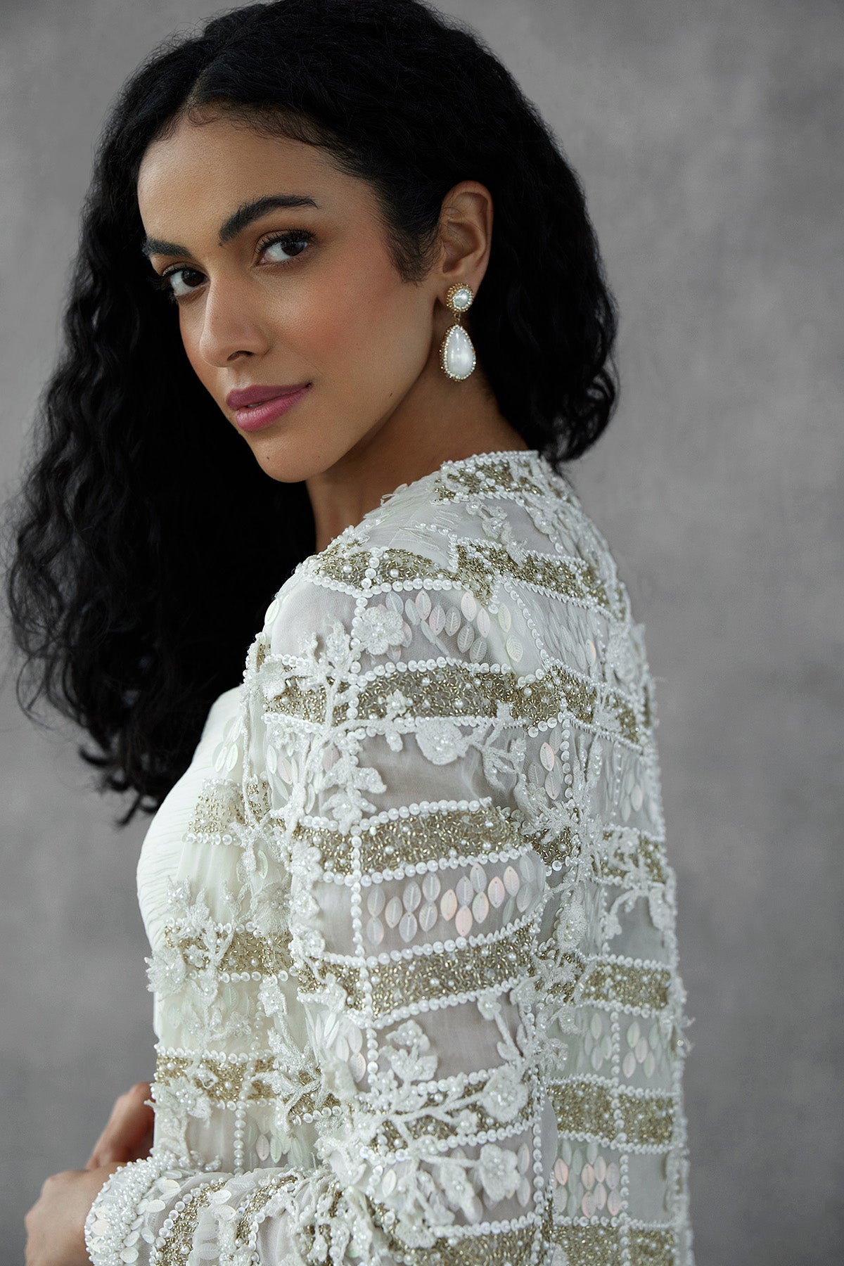 Ivory Embroidered Jacket With Pleated Bustier & Pants