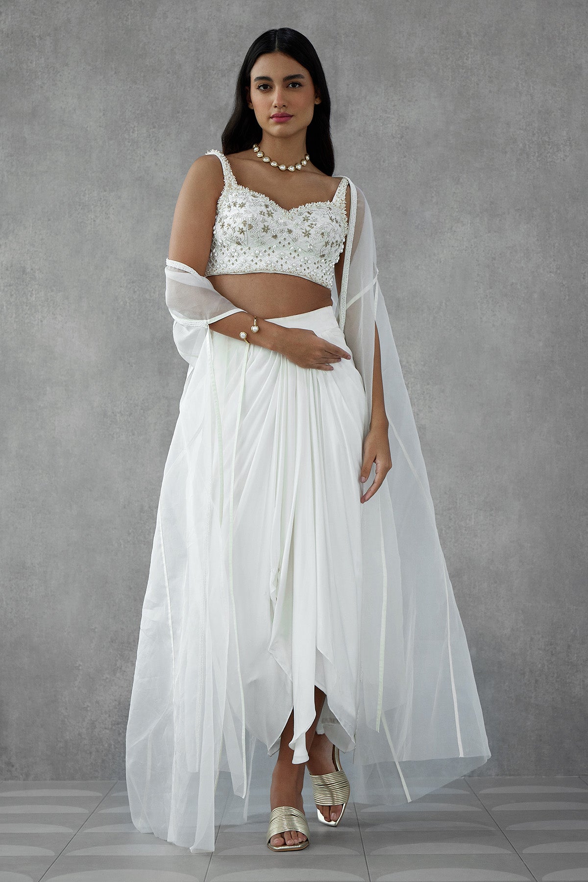 Ivory Embroidered Bustier With Drape Skirt & Cape