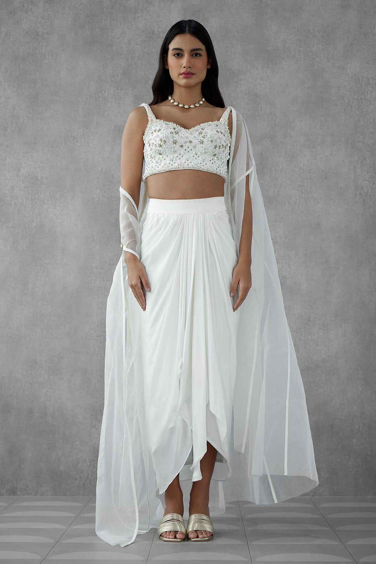 Ivory Embroidered Bustier With Drape Skirt & Cape