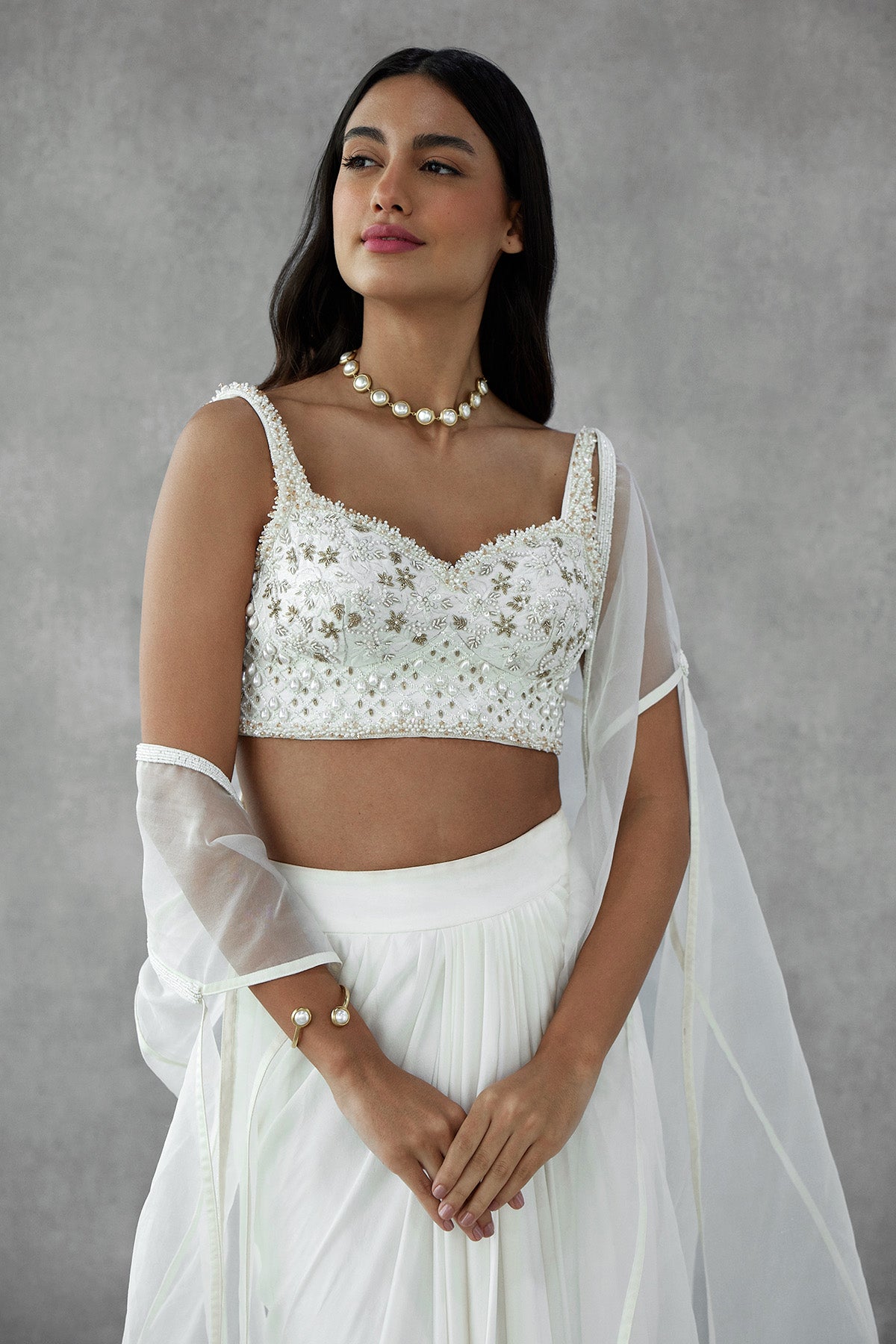 Ivory Embroidered Bustier With Drape Skirt & Cape