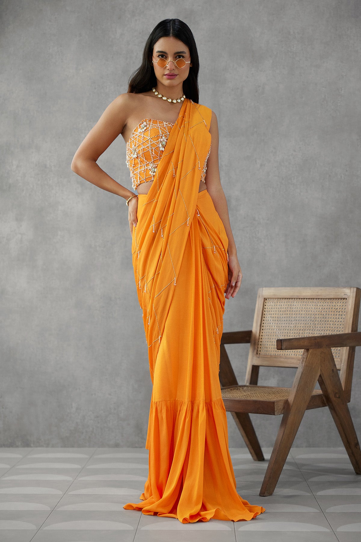 Saffron Orange Drape Saree With Corset Blouse