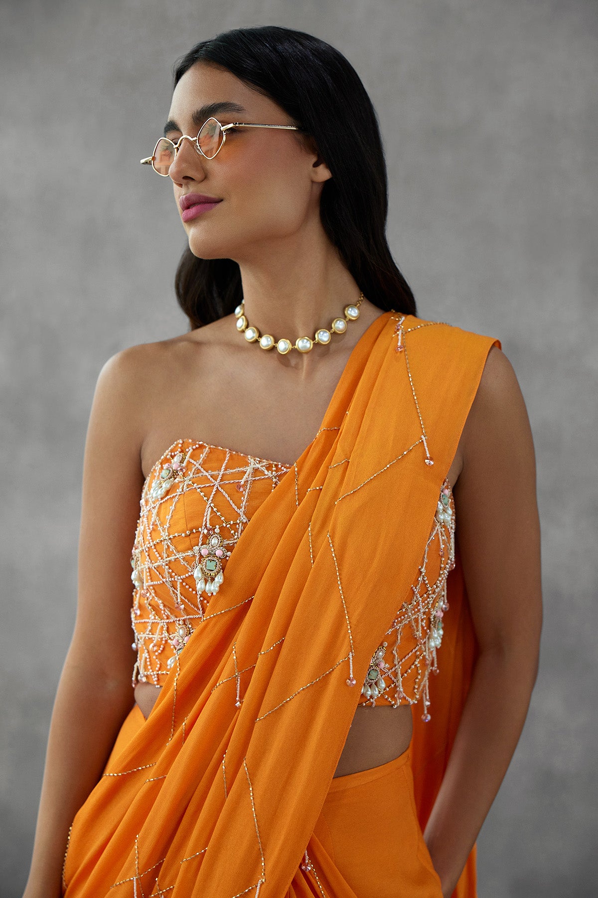 Saffron Orange Drape Saree With Corset Blouse