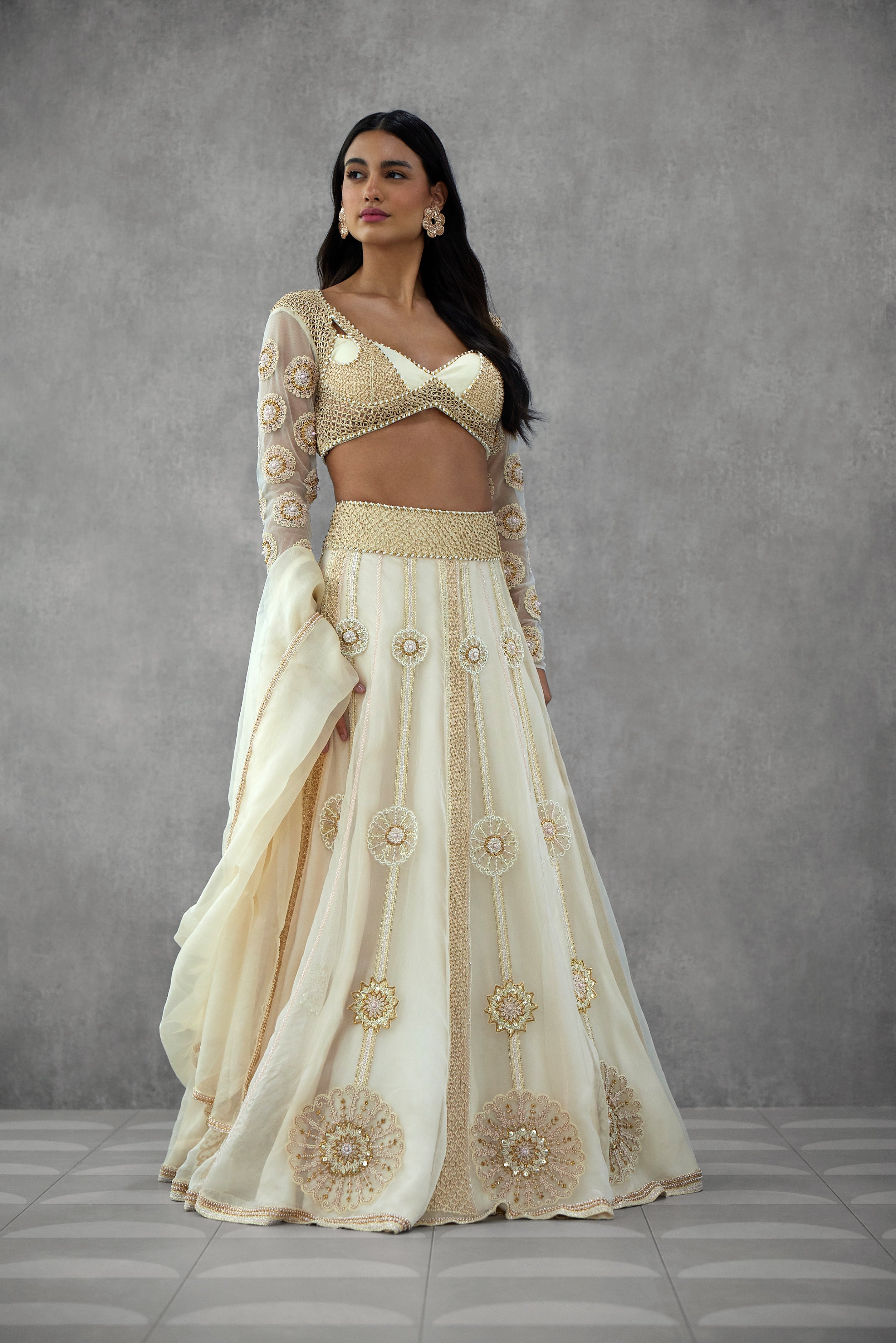 Jaal work embroidered blouse with lehenga