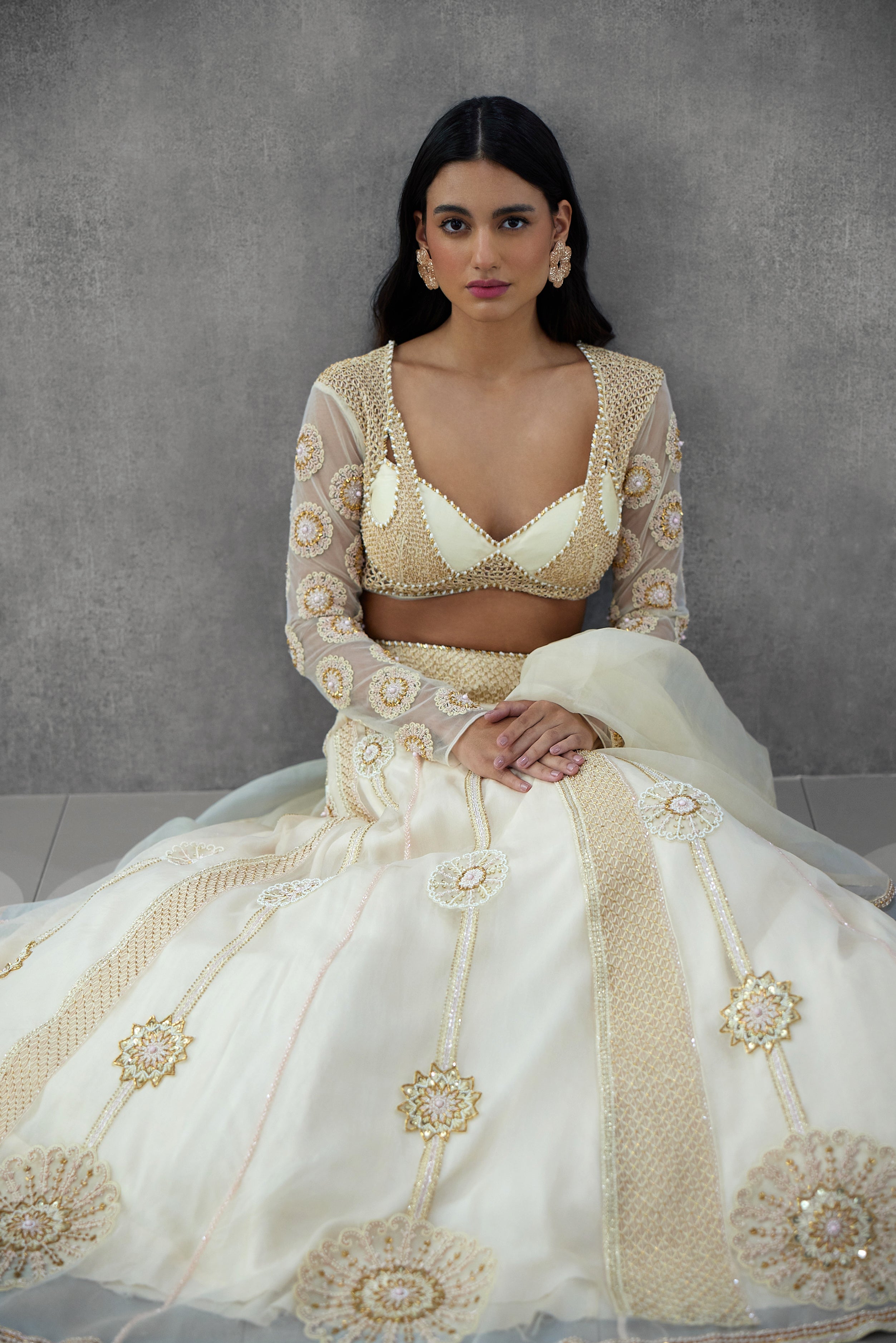 Jaal work embroidered blouse with lehenga