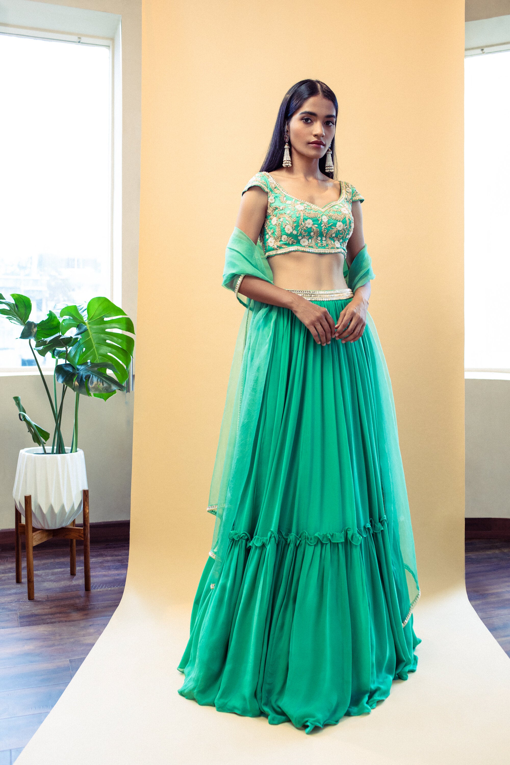 Green marori hand embroidered lehenga set