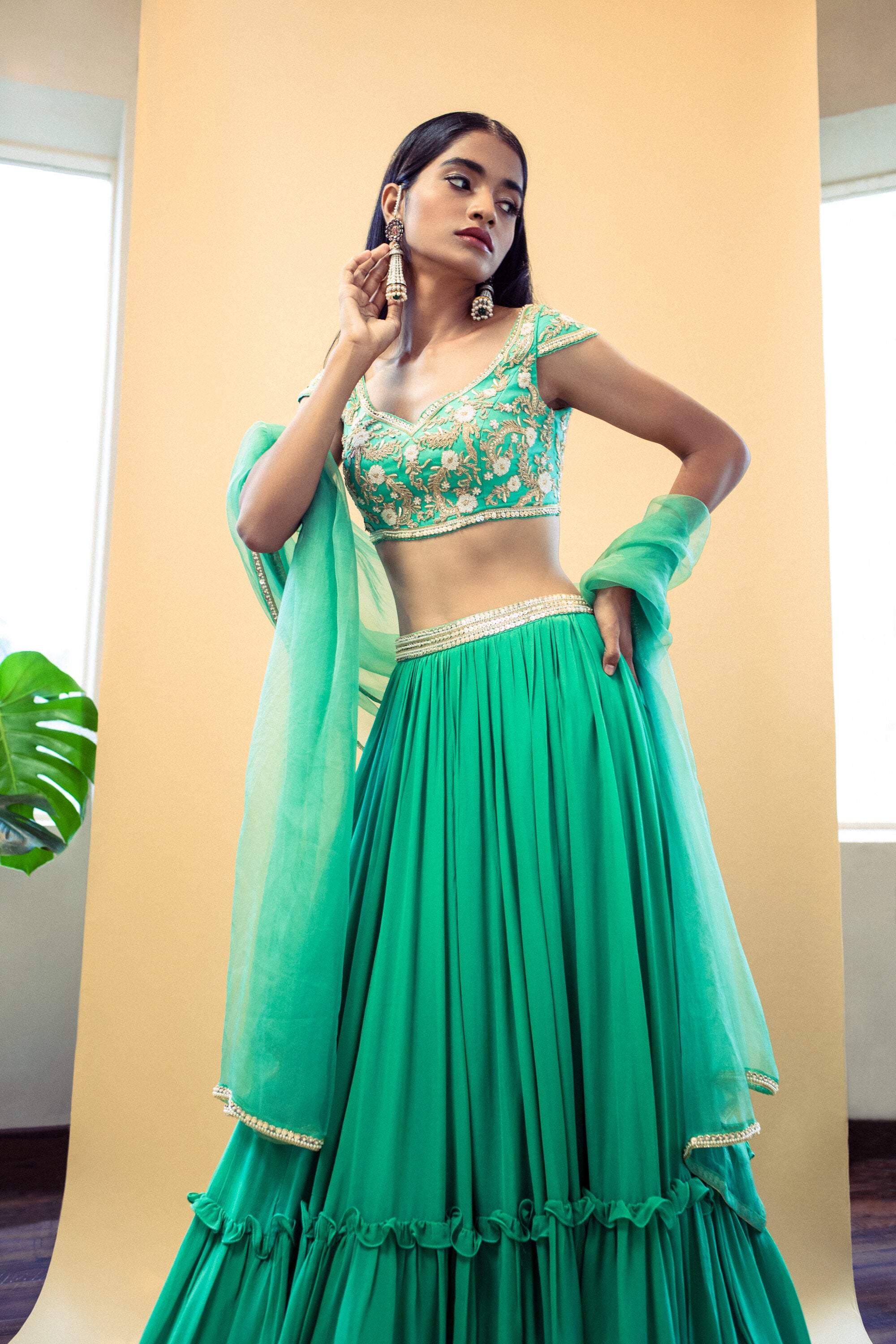 Green marori hand embroidered lehenga set