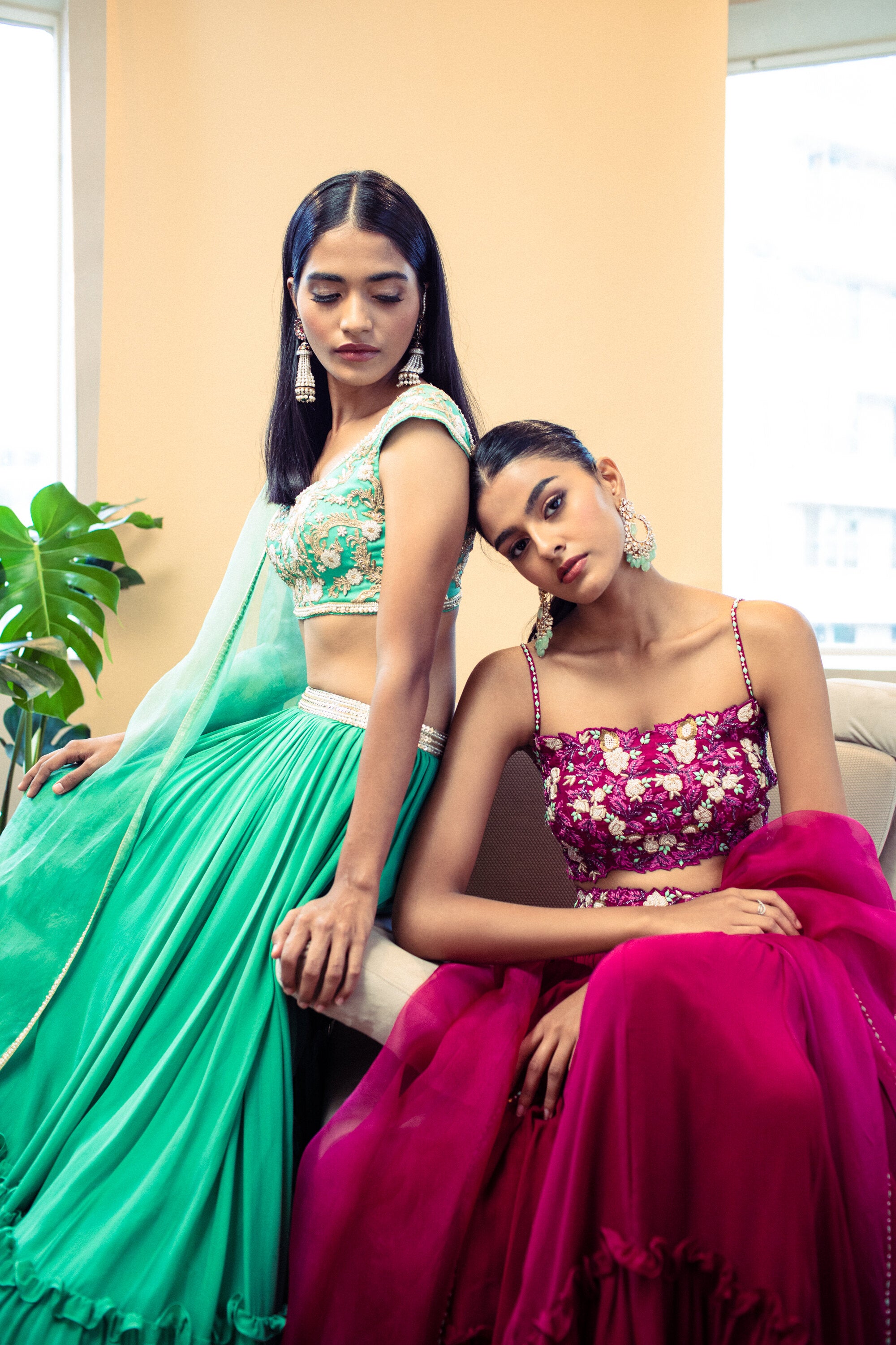 Green marori hand embroidered lehenga set
