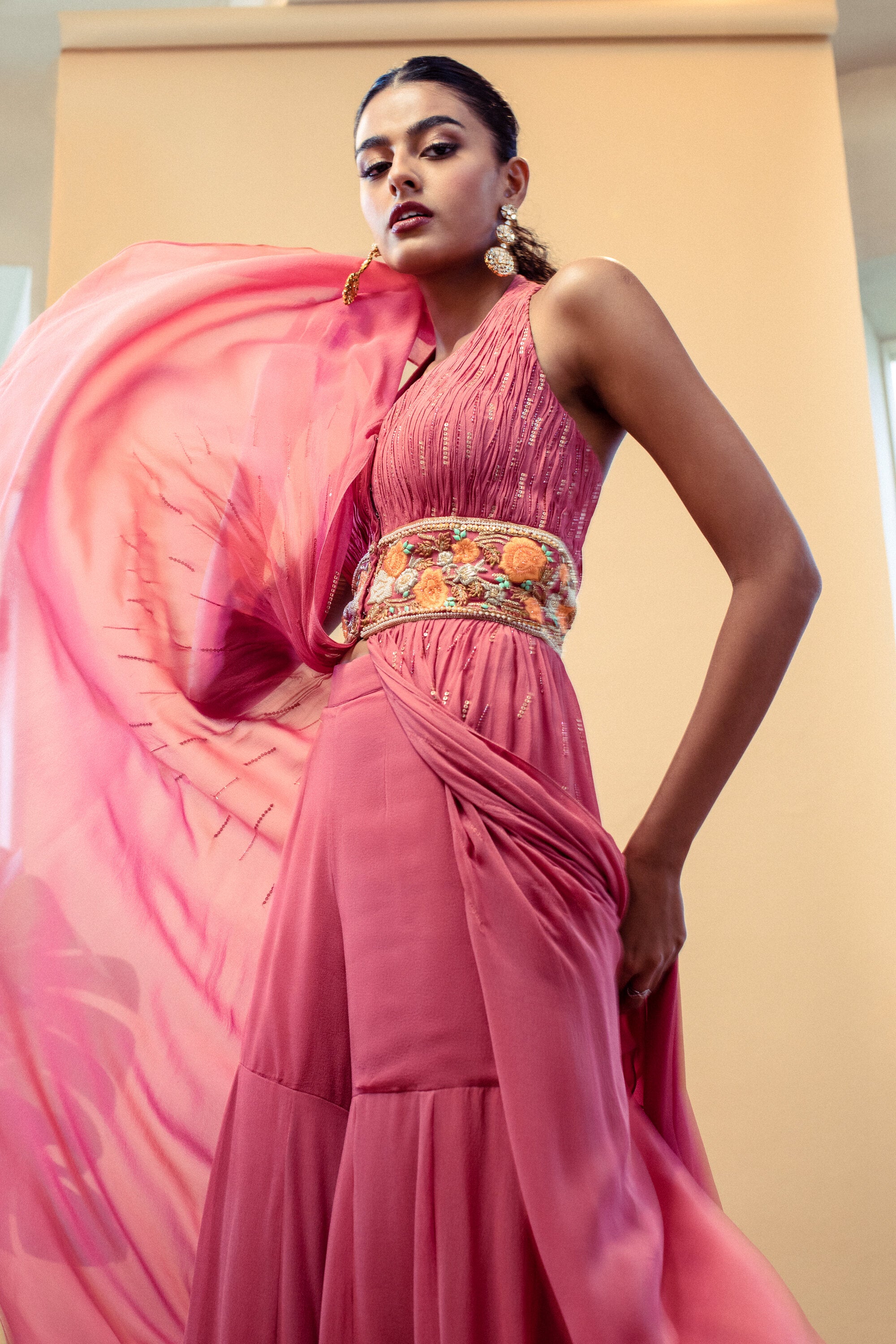 Pink halter hand embroidered waist embellished kurta with garara set