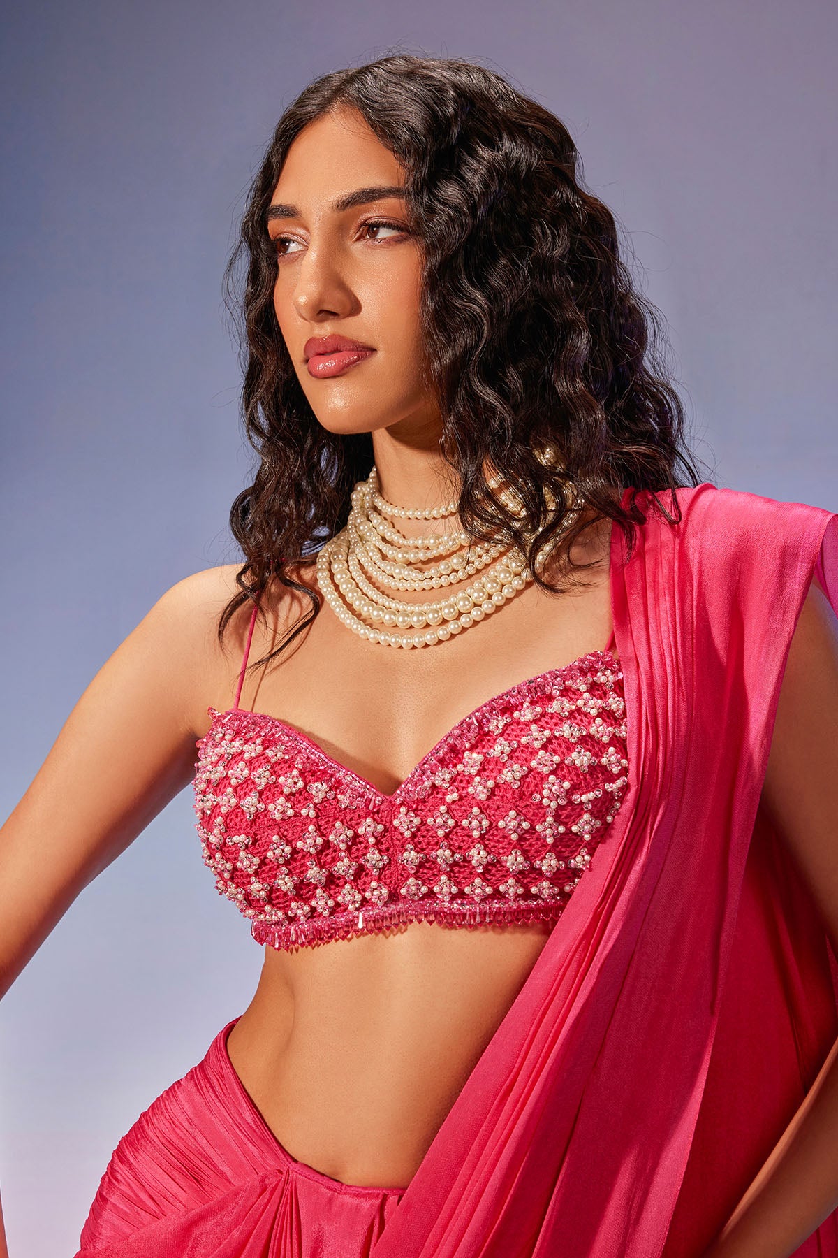Predraped saree with jaali & crystal embroidery
