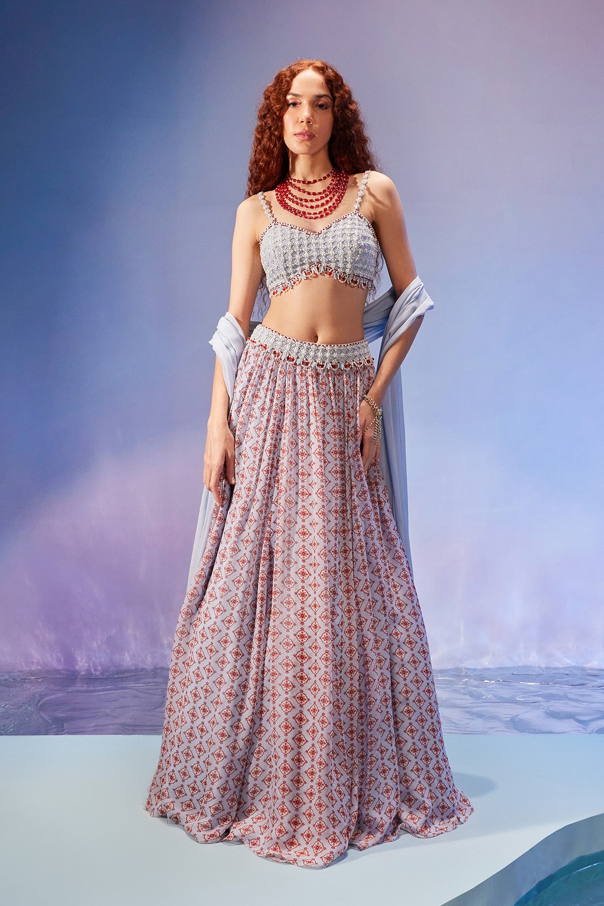 Jaali & cystal embellished printed lehenga set