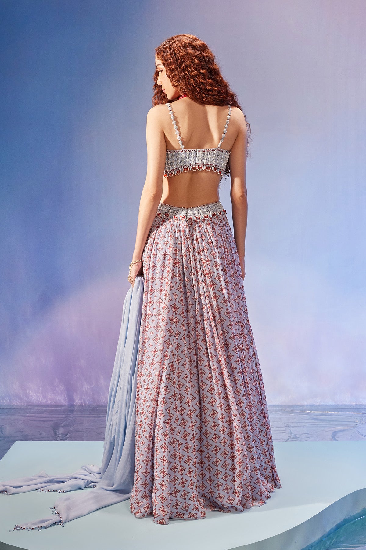 Jaali & cystal embellished printed lehenga set