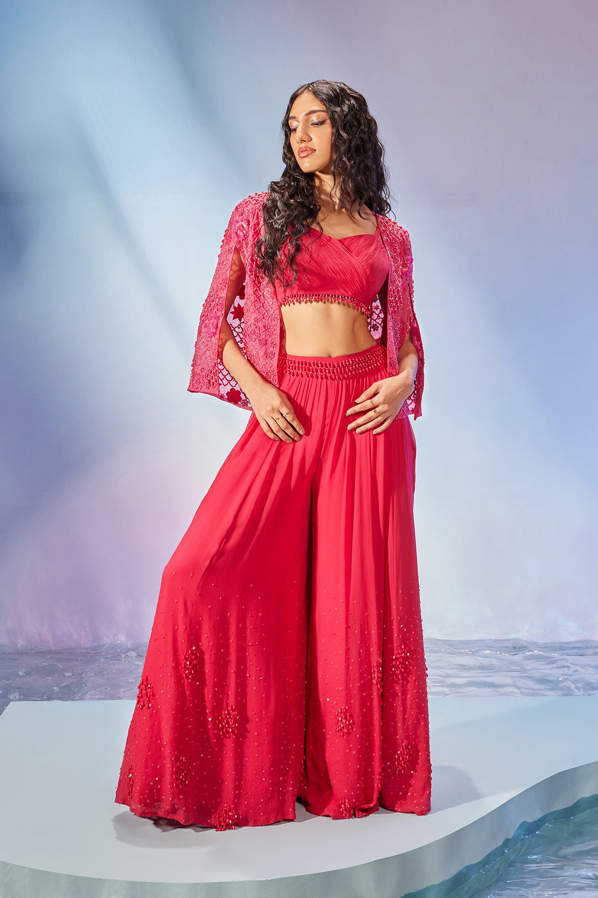 Cape style jacket with blouse and embroidered sharara pants
