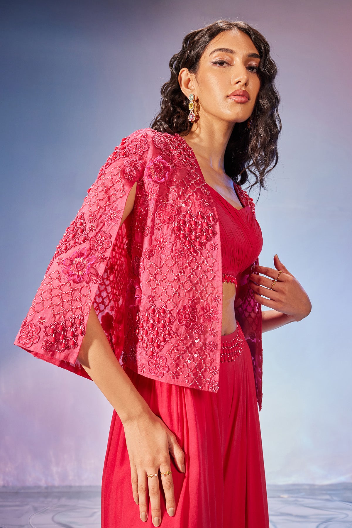 Cape style jacket with blouse and embroidered sharara pants