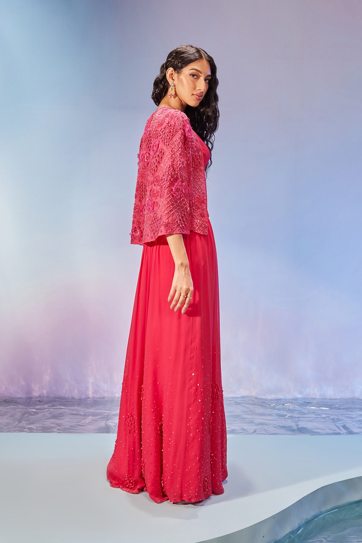 Cape style jacket with blouse and embroidered sharara pants