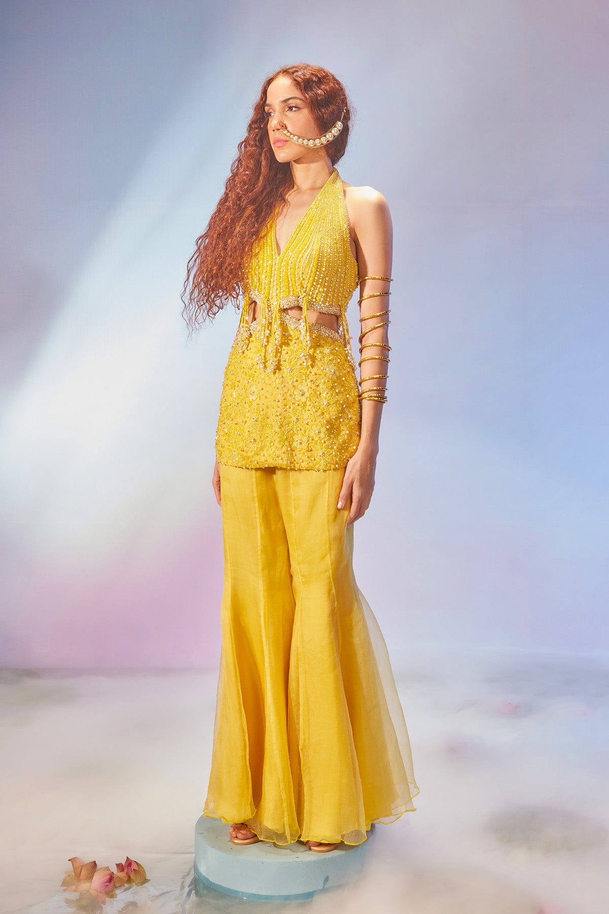 Waist-cut short kurta with sharara pants