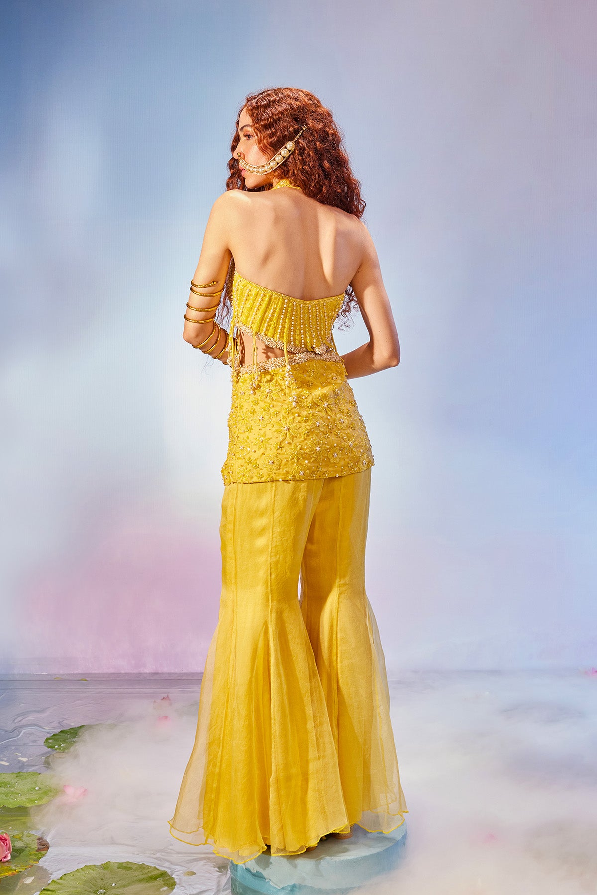 Waist-cut short kurta with sharara pants