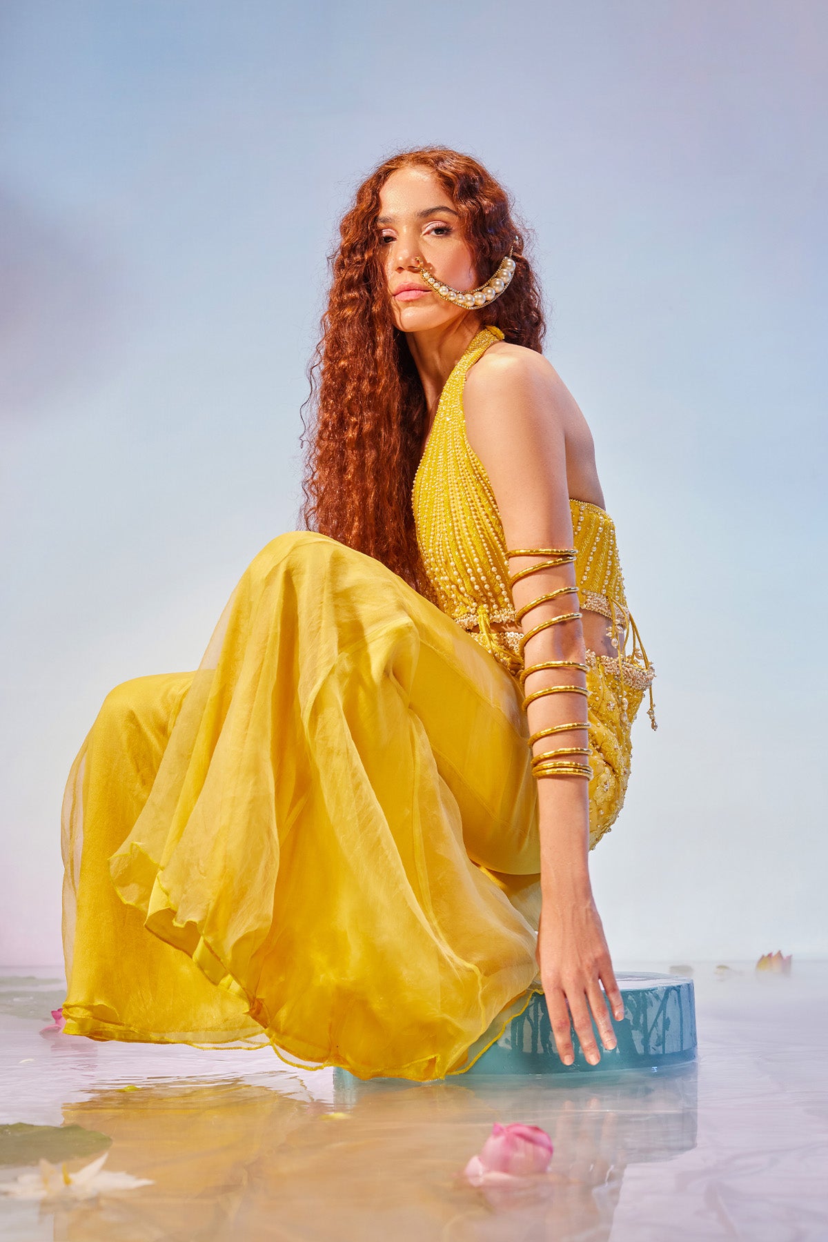 Waist-cut short kurta with sharara pants