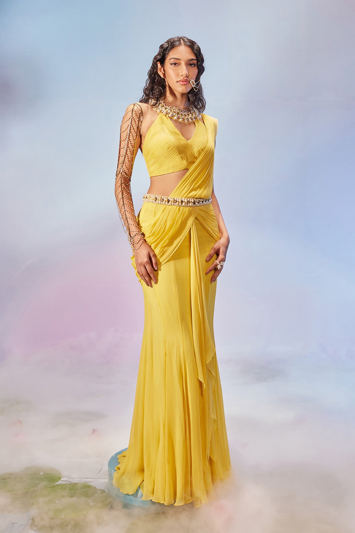 Pre-draped saree with necklace style blouse & belt