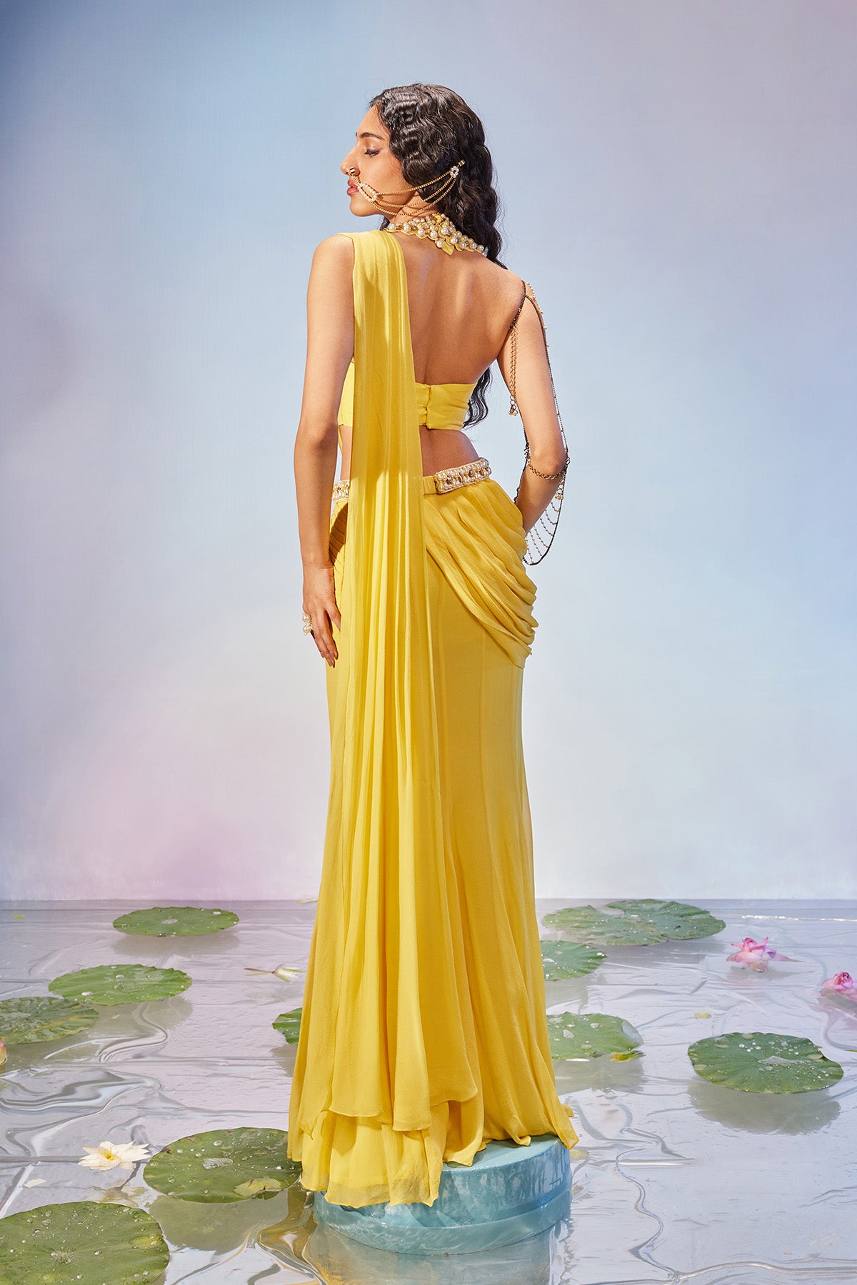 Pre-draped saree with necklace style blouse & belt