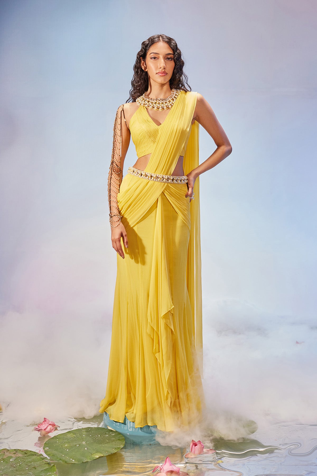 Pre-draped saree with necklace style blouse & belt