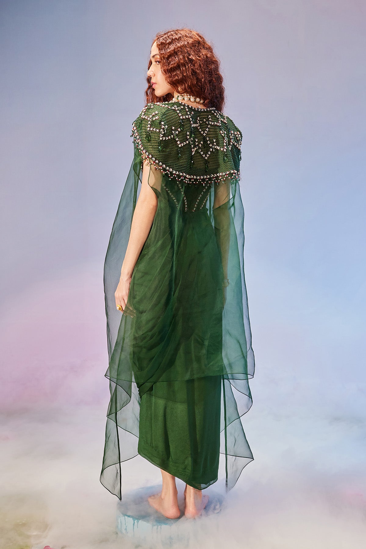 Corset style drape dress with shoulder embellished cape