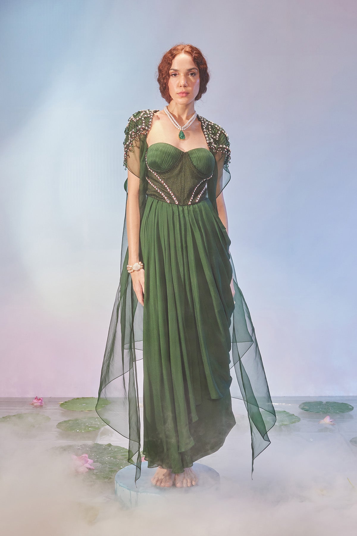 Corset style drape dress with shoulder embellished cape