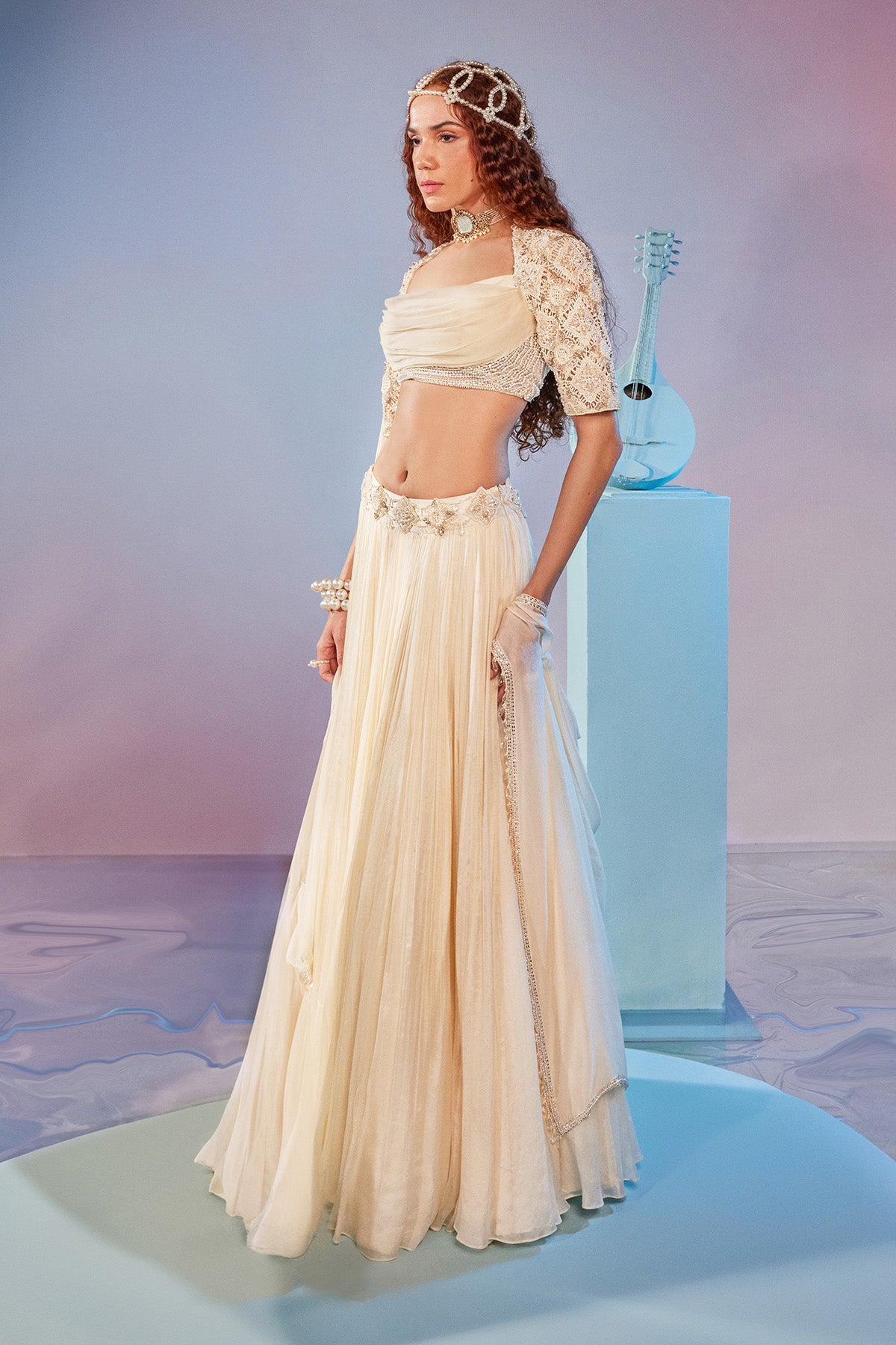Hand embrodiered cut work lehenga set