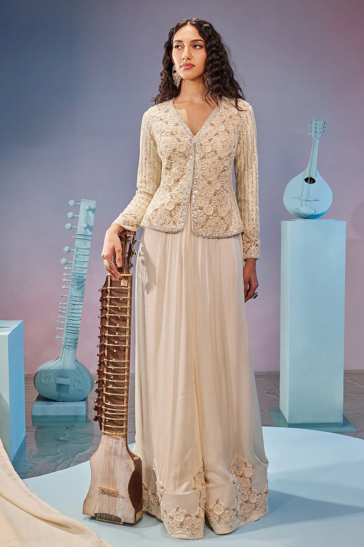 Hand embrodiered cut work jacket teamed with embroidered sharara <b>Pant</b>s