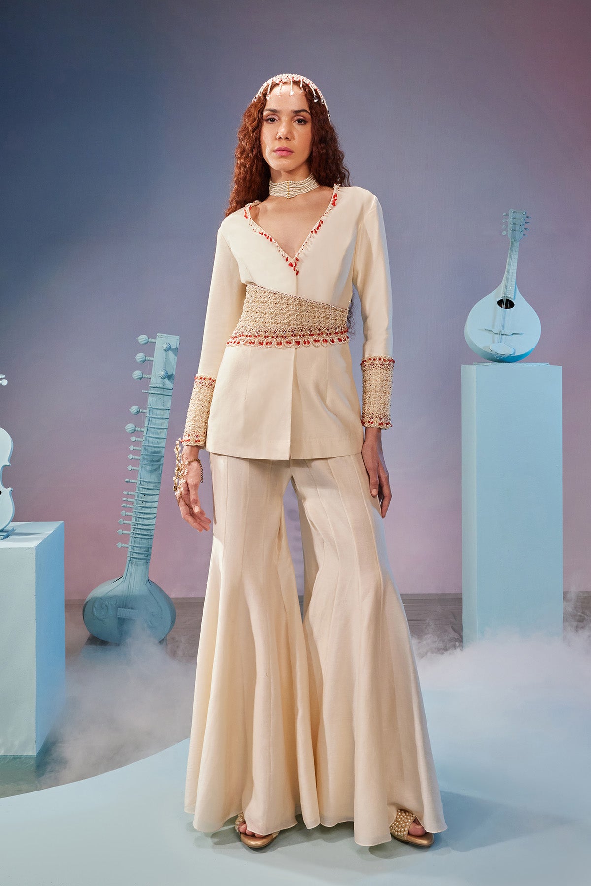 Waist & cuff embellished blazer set