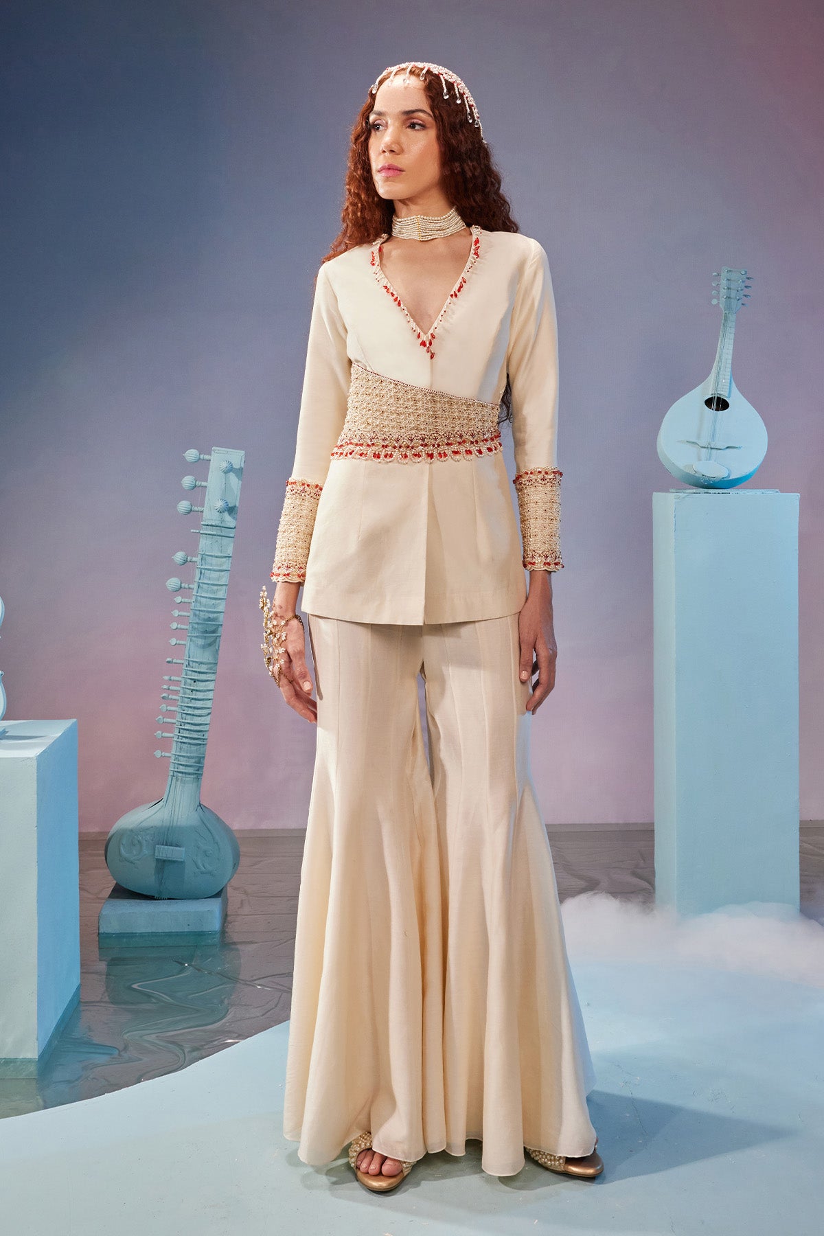 Waist & cuff embellished blazer set