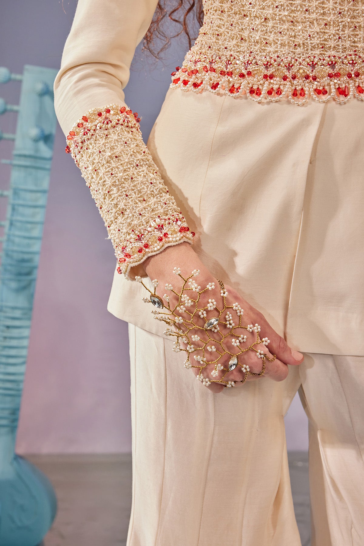 Waist & cuff embellished blazer set