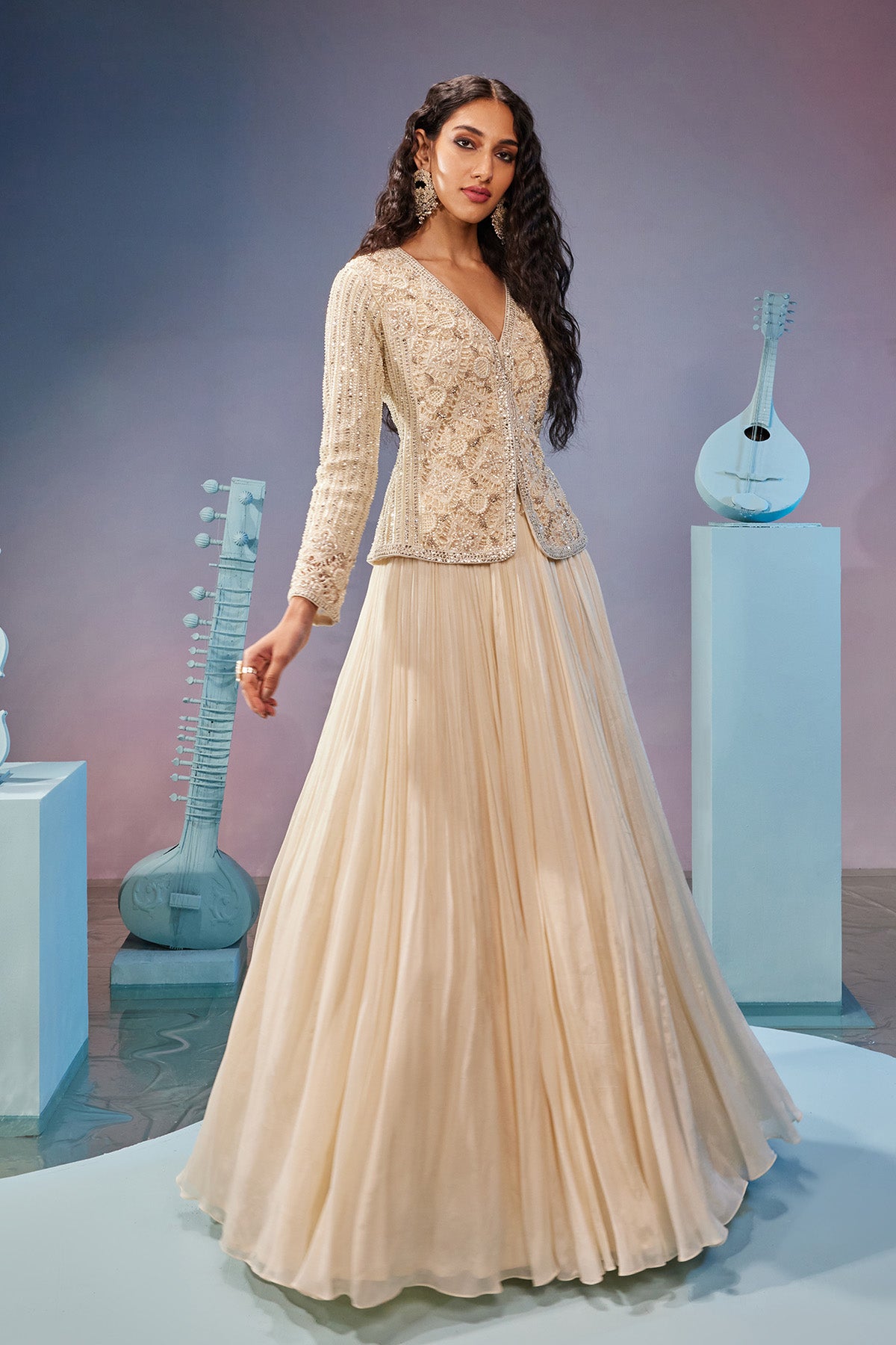 Hand embroidered cut work jacket with lehenga