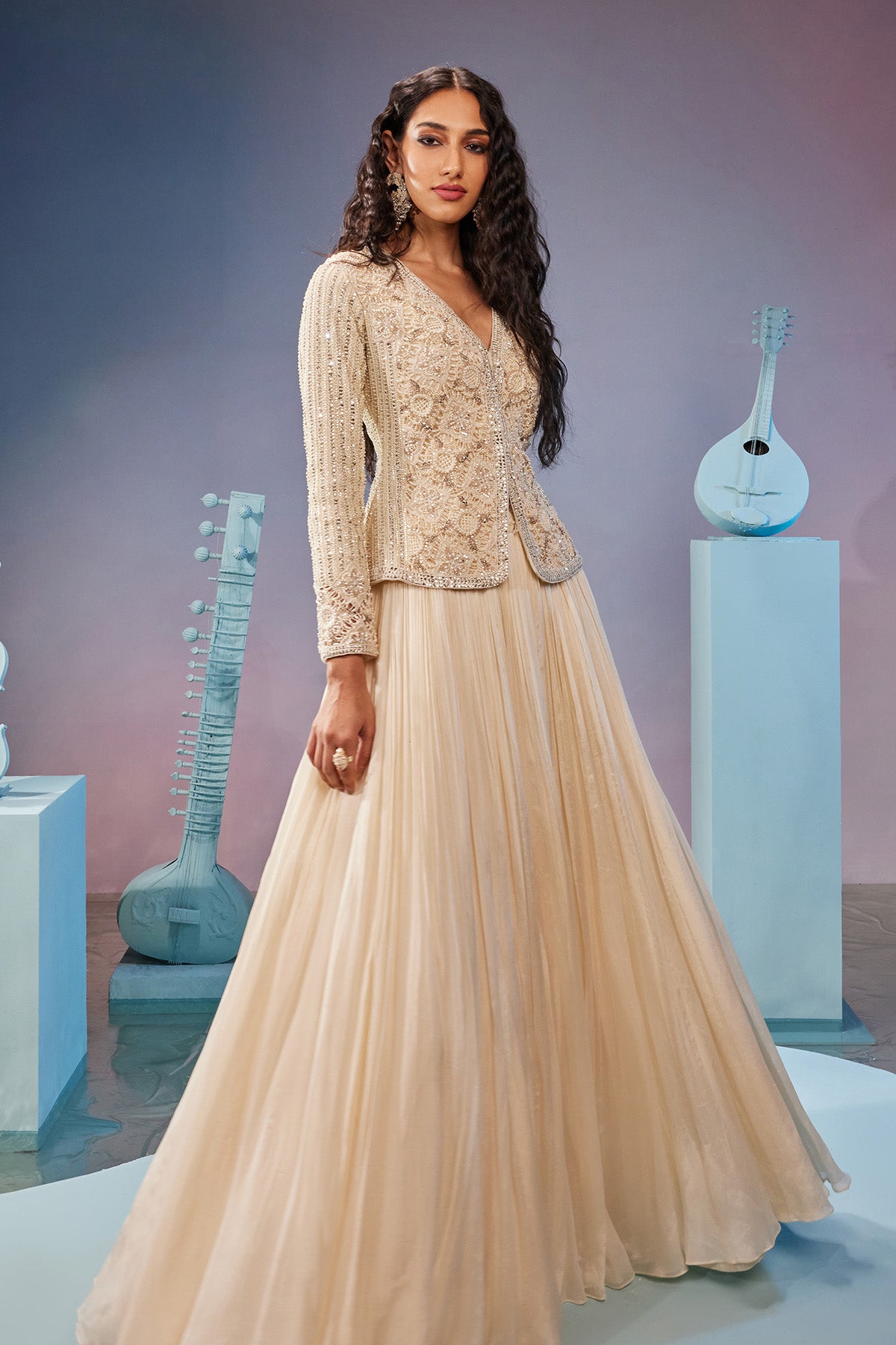 Hand embroidered cut work jacket with lehenga