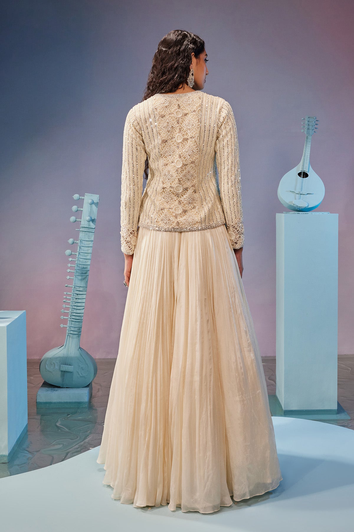 Hand embroidered cut work jacket with lehenga