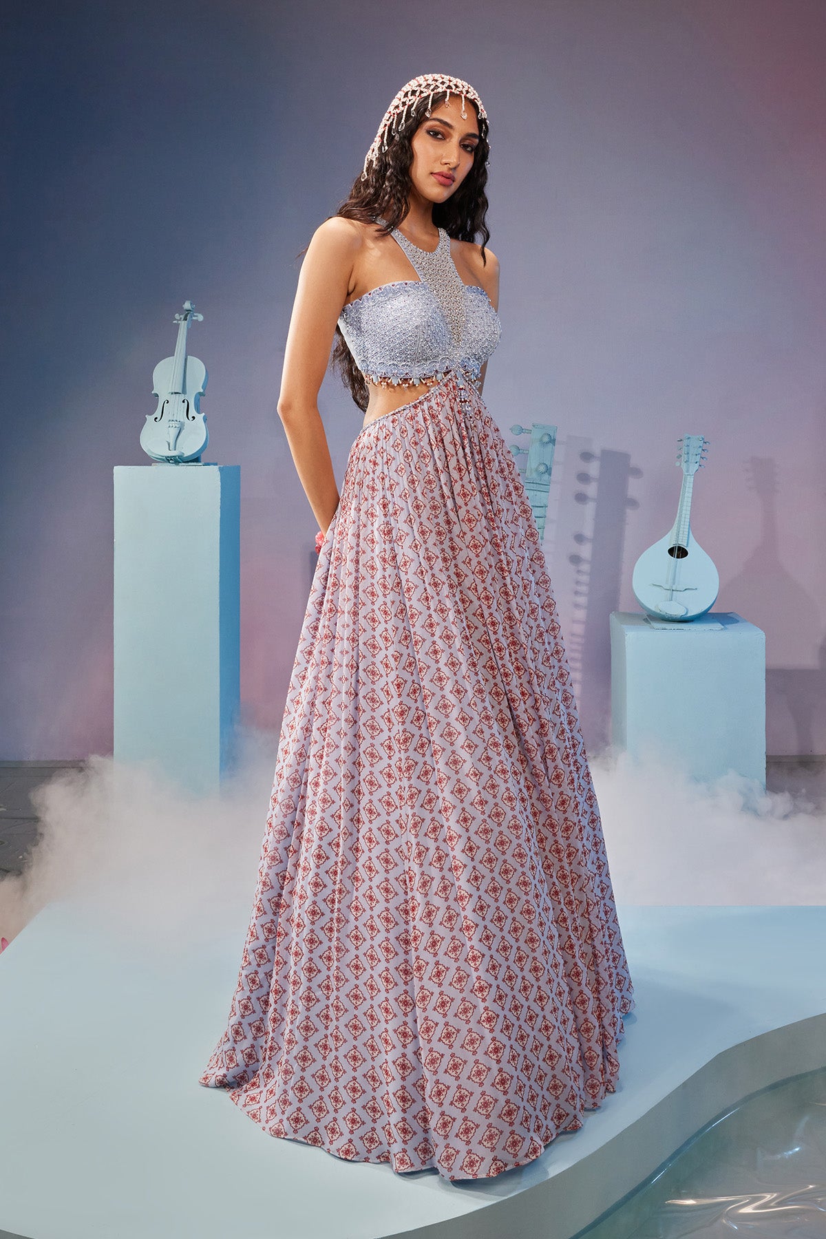 Printed waist cut anarkali gown