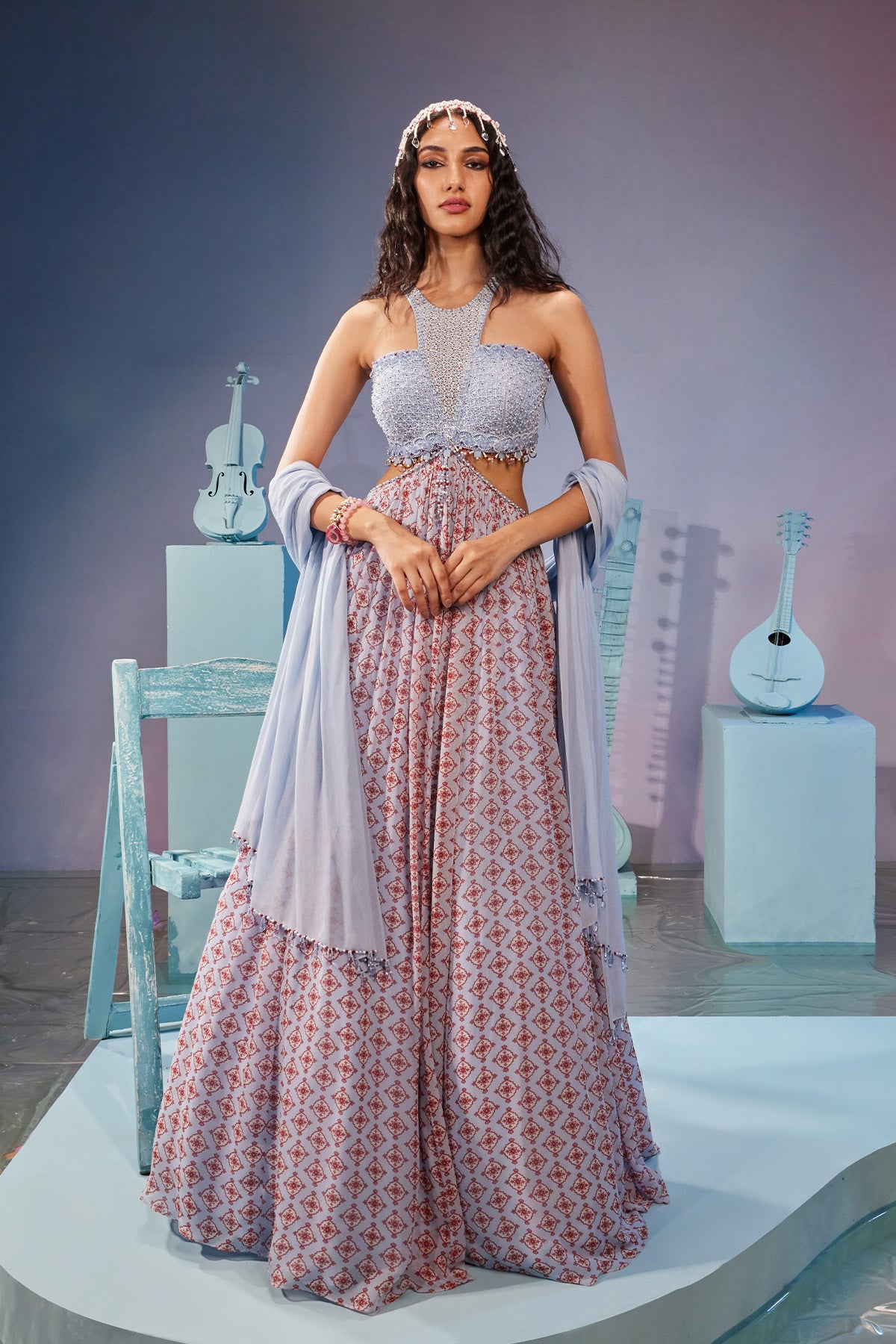 Printed waist cut anarkali gown