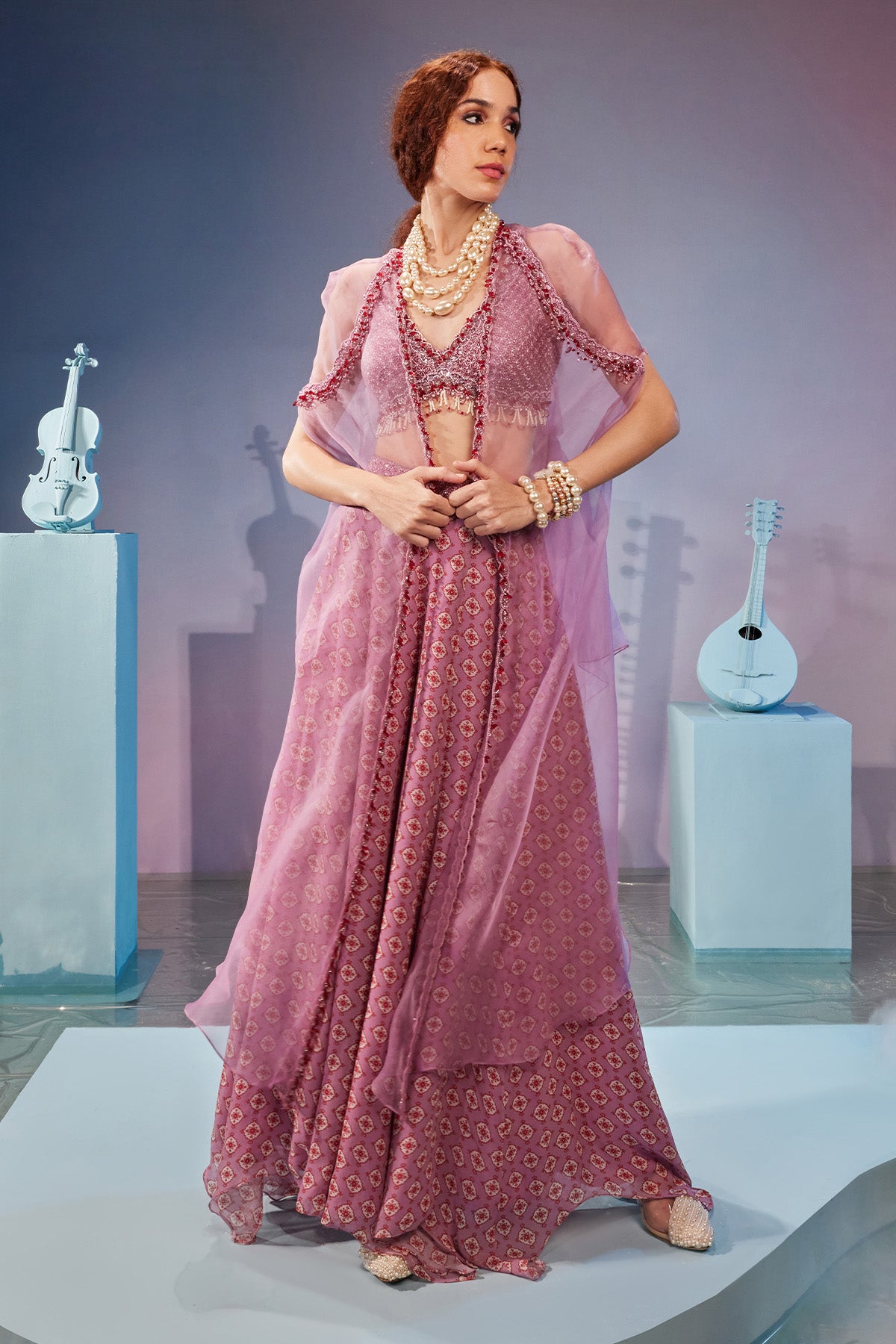 Printed sharara set with cape