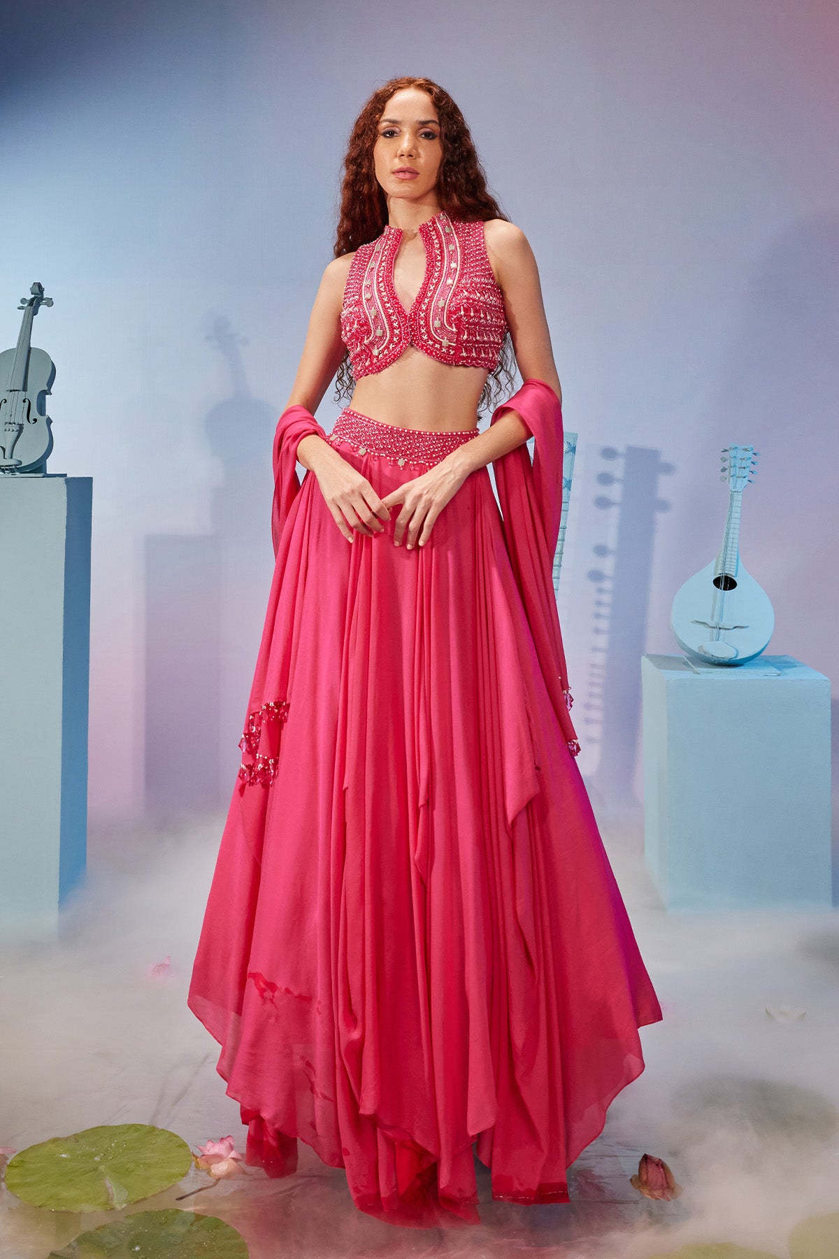 Jacket style blouse with draped lehenga